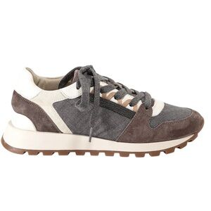 Brunello Cucinelli Monili-trimmed Suede & Leather Sneakers In Grey EU 7/ US 7